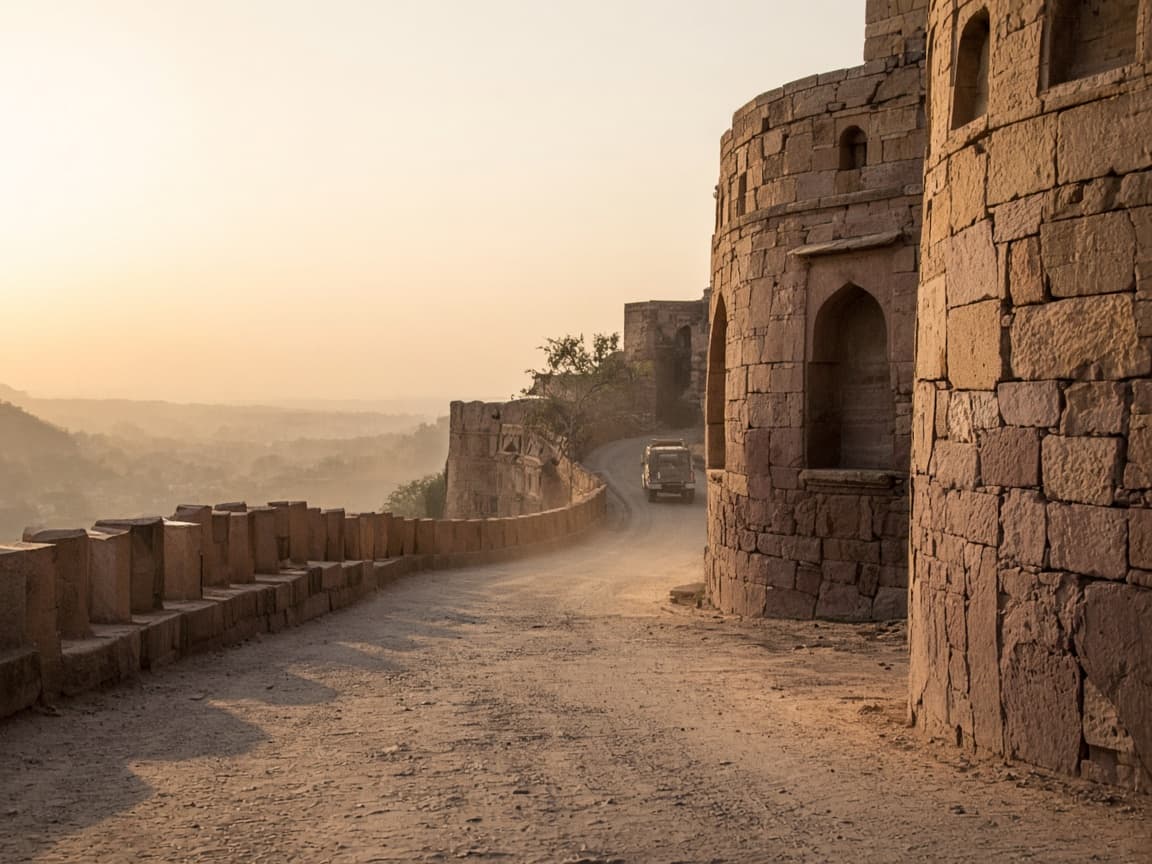 Old fort walls in Rajasthan, glowing in the evening sun