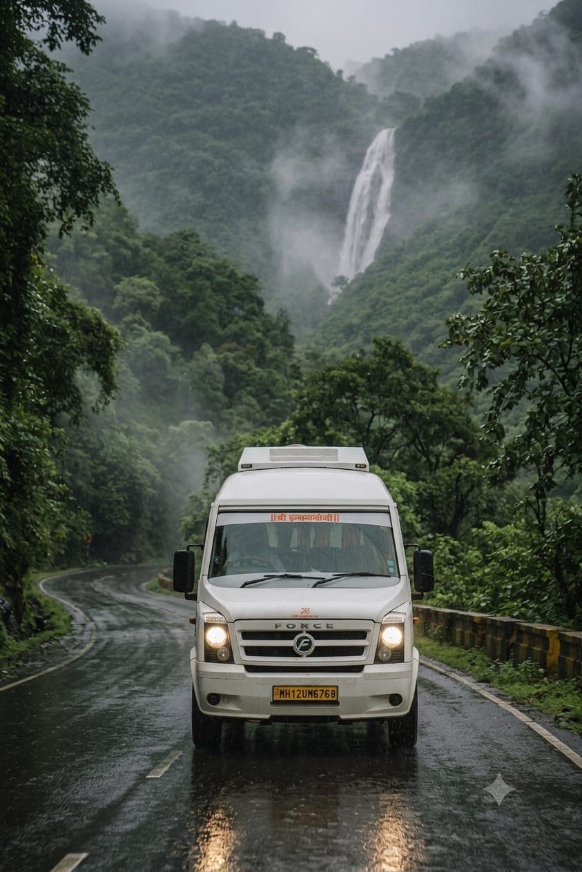 The Kalika Yatra Traveller driving on a wet ghat road, with a waterfall on the hillside behind