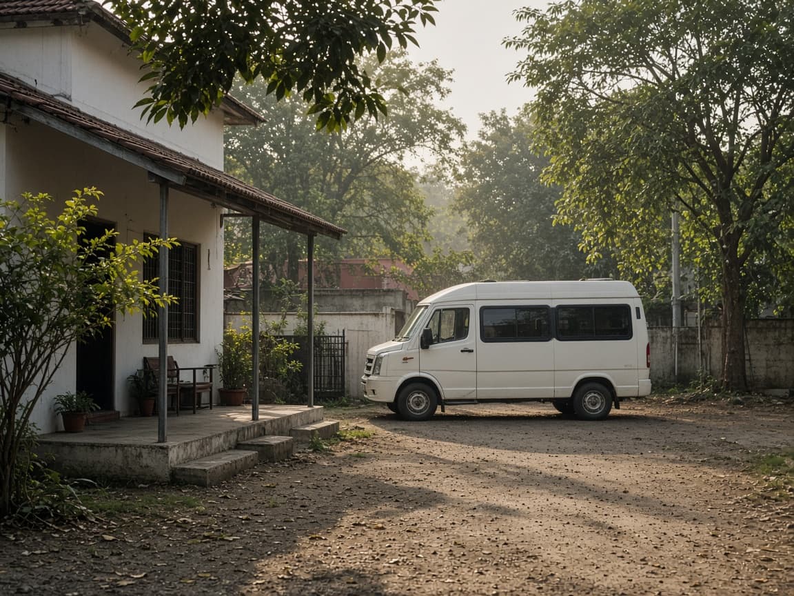 A white Traveller parked in a leafy courtyard in the morning light