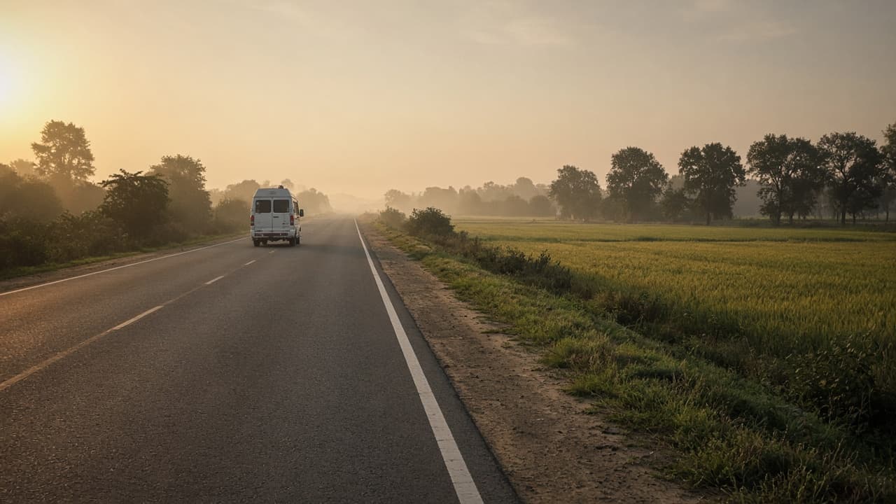 A Traveller on an open highway at sunrise