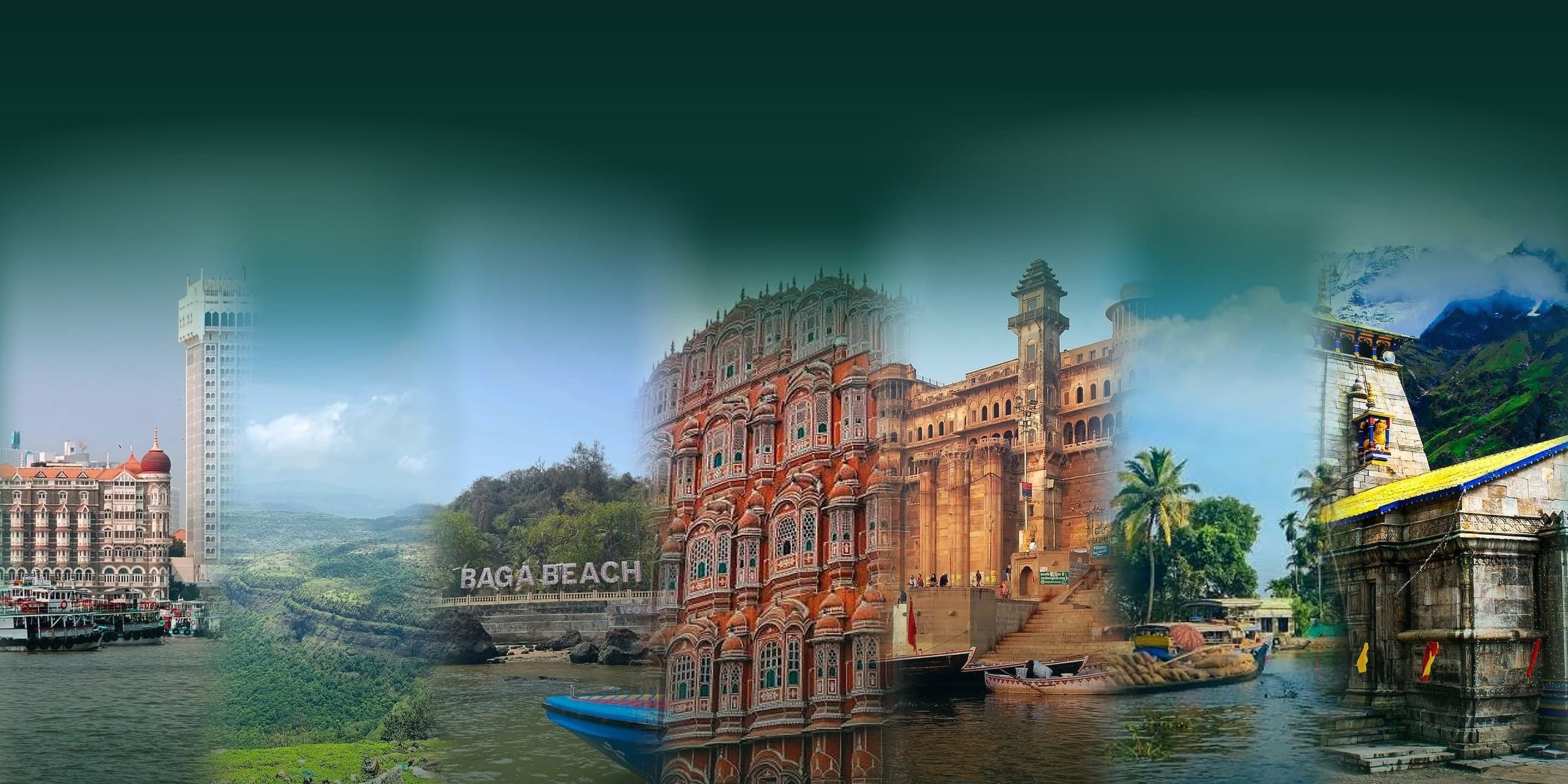 A collage of places across India: Mumbai's Gateway of India, Lonavala's green valleys, Goa's Baga Beach, Jaipur's Hawa Mahal, the Varanasi ghats, the Kerala backwaters and Kedarnath