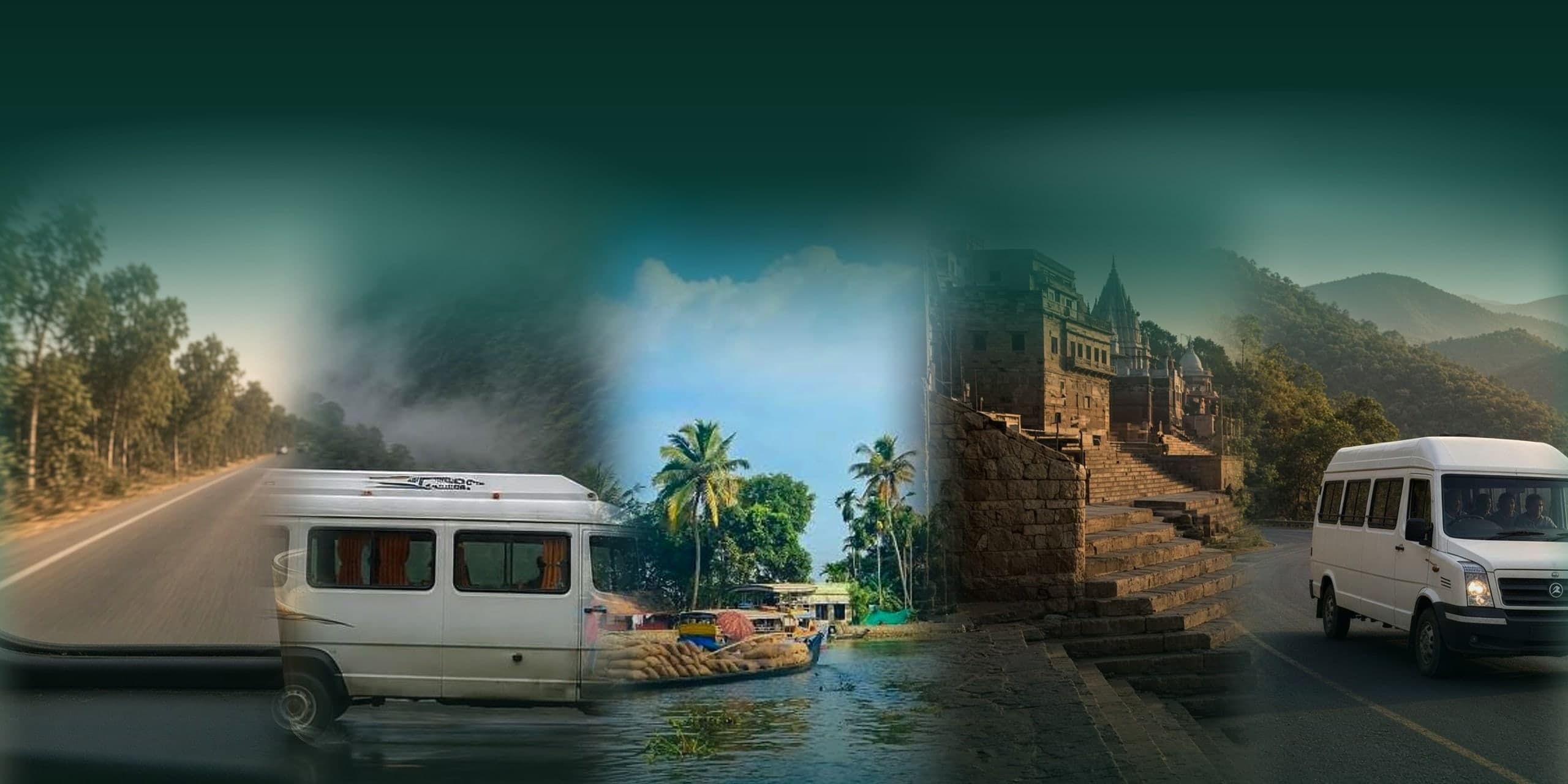 A collage of moments from the road: tea on the highway, the Traveller on a misty ghat, the Kerala backwaters, river ghats and a hill-road drive