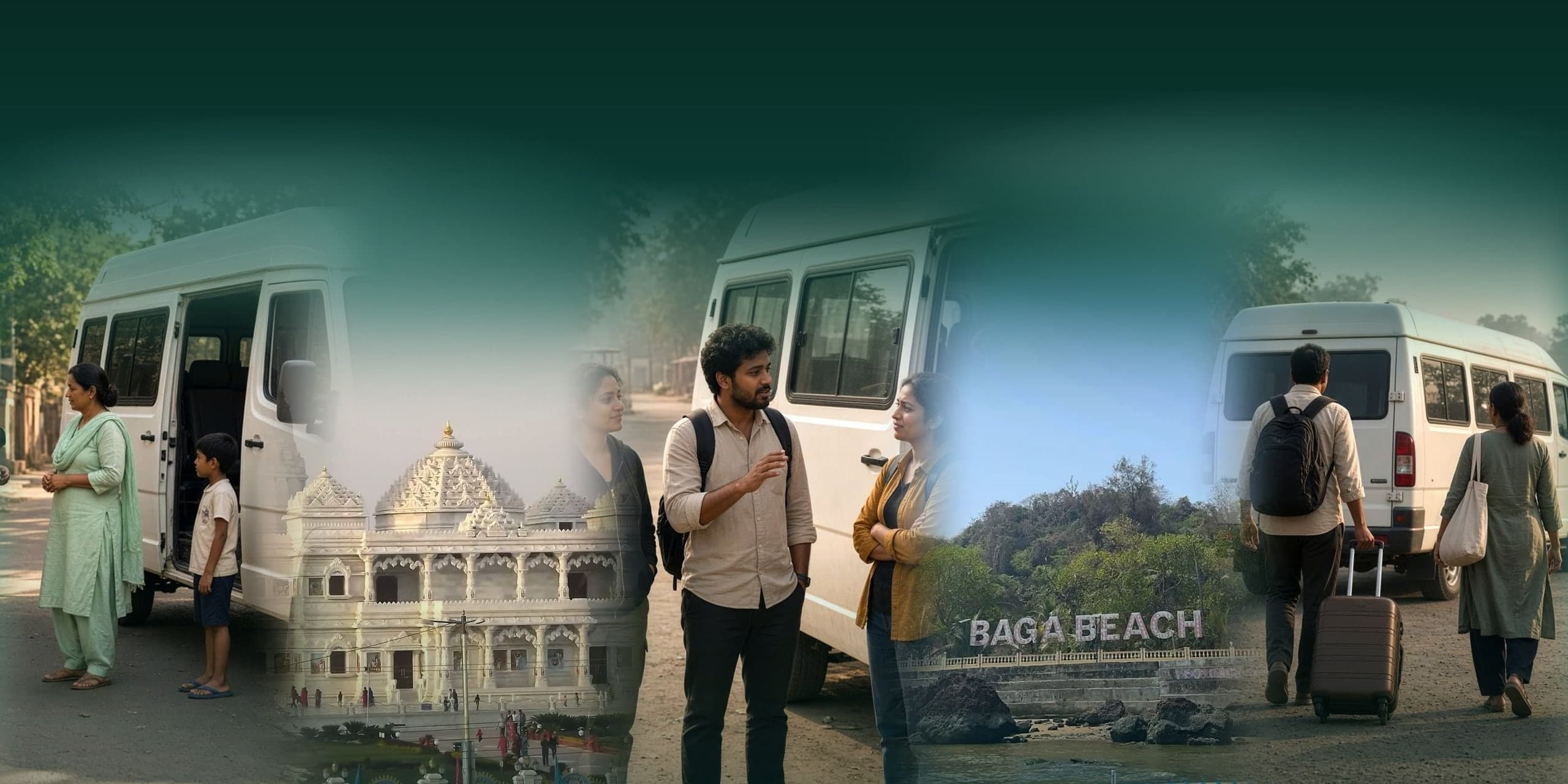 A collage of travellers on their journeys: a family loading luggage, Prem Mandir in Vrindavan, friends by the Traveller, Goa's Baga Beach and travellers setting off