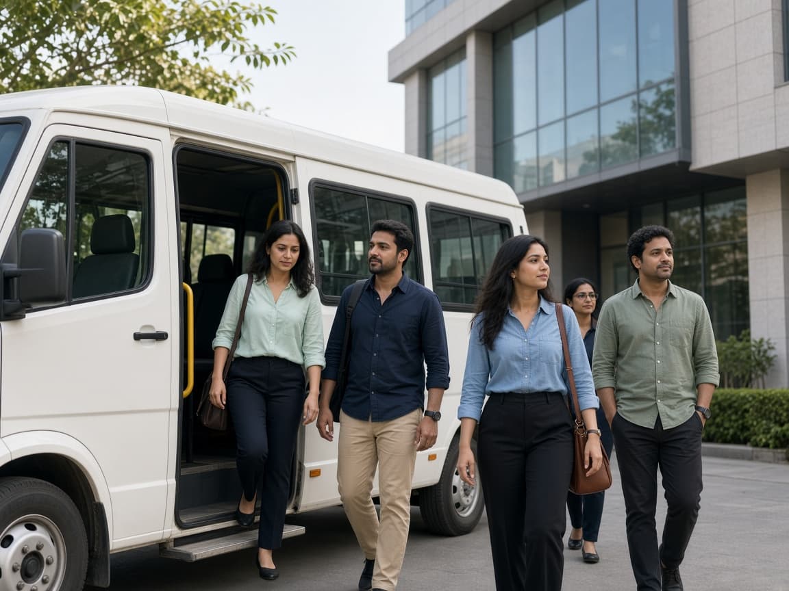 Colleagues stepping out of a Traveller outside an office building