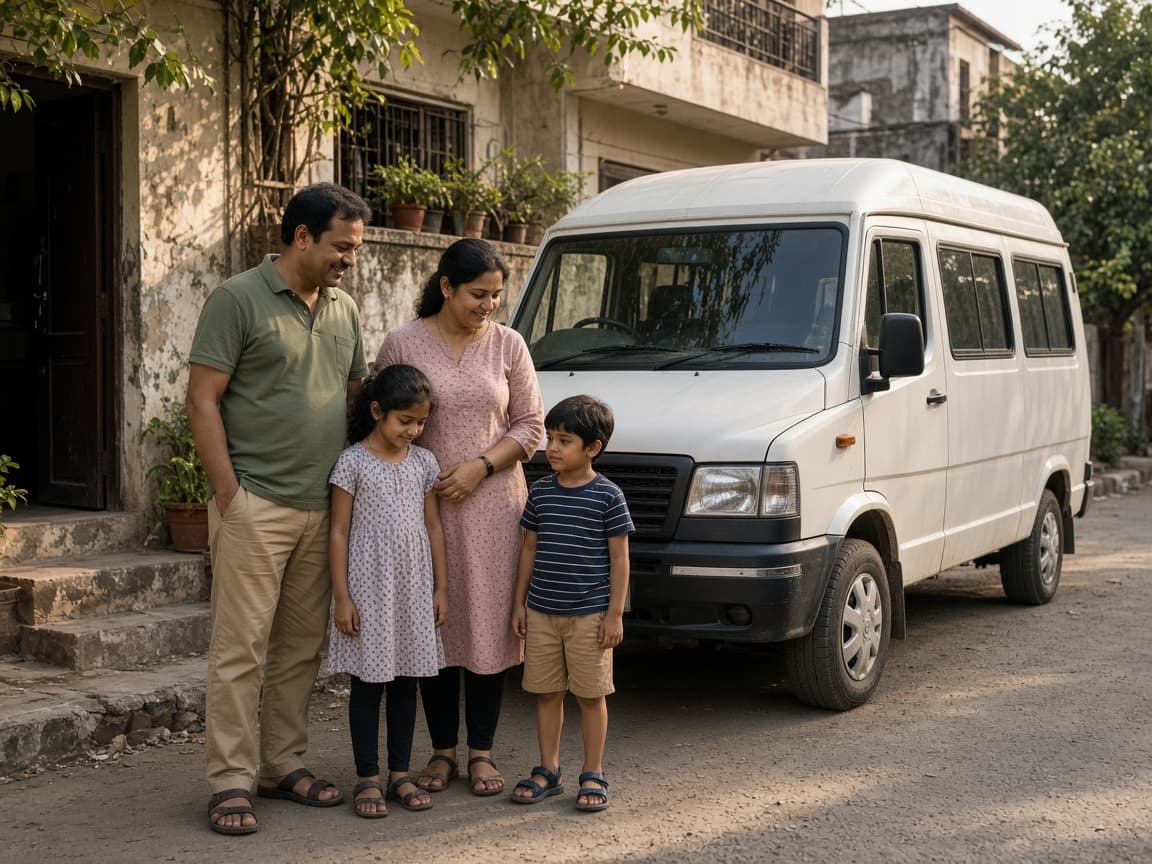A family standing beside a white Traveller outside their home