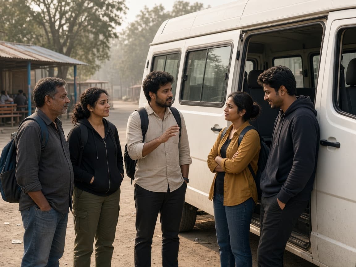 A group of friends talking beside an open Traveller