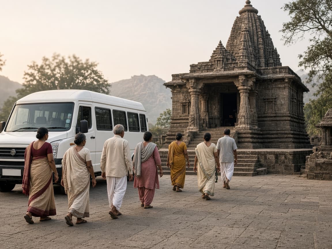 Pilgrims walking from a Traveller towards a stone temple